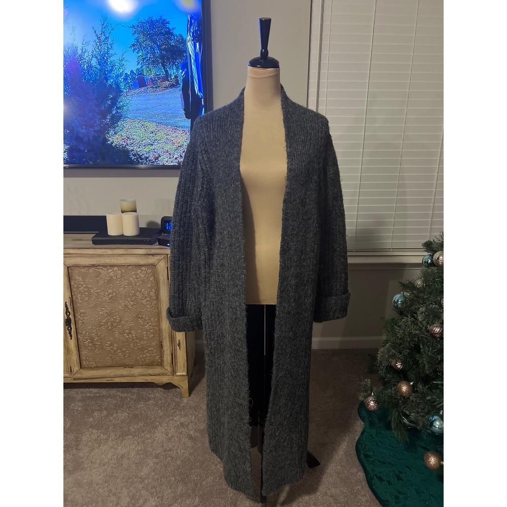 Zara Women Long Open Front Cardigan Fuzzy Knit Oversized Coat XS S duster chunky
